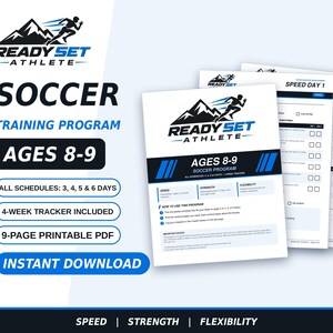 Puede incluir: Un programa de entrenamiento de fútbol Ready Set Athlete para edades de 8 a 9 años, presentado como un PDF imprimible de 9 páginas. El documento incluye un logotipo con un corredor, texto en azul y negro, un rastreador de 4 semanas y secciones.
