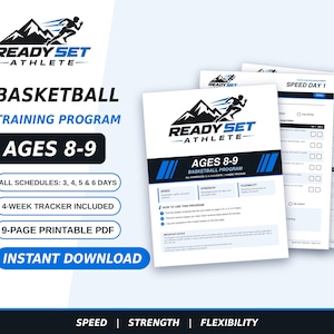 Könnte beinhalten: Ein 9-seitiges, druckbares PDF-Basketball-Trainingsprogramm für 8- bis 9-Jährige mit dem Ready Set Athlete-Logo, Trainingsplänen für 3 bis 6 Tage, einem 4-Wochen-Tracker sowie Übungen für Schnelligkeit, Kraft und Beweglichkeit.