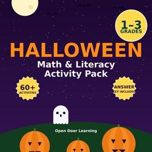 Op de afbeelding: Een Halloween wiskunde- en leesactiviteitenpakket voor groep 3-5. De paarse omslag bevat een volle maan, een wit spook, drie oranje pompoenen en tekst met 60+ activiteiten, inclusief antwoordsleutel en Open Door Learning.