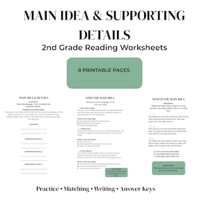 Może przedstawiać: Zestaw 8 arkuszy do czytania do druku dla drugiej klasy zatytułowanych Main Idea & Supporting Details. Strony zawierają ćwiczenia takie jak Main Idea & Details, Find the Main Idea oraz Match the Main Idea, wraz z kluczami odpowiedzi.