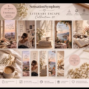 Può includere: Una collezione digitale intitolata SensationSymphony Literary Escape Collection 01, che comprende cinque stampe artistiche e cinque segnalibri con citazioni letterarie, paesaggi, interni accoglienti ed elementi floreali in toni caldi.