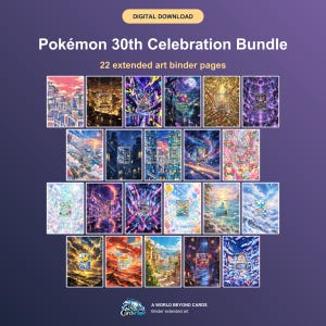 Op de afbeelding: Een digitale downloadbundel getiteld Pokémon 30th Celebration Bundle met 22 uitgebreide kunst-map-pagina's. De collectie toont diverse kleurrijke, gedetailleerde illustraties met centrale kaartplaatsingen en het Cardscape-logo.