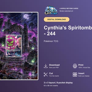 Puede incluir: Una descarga digital para una pantalla de arte extendido de carpeta Pokémon TCG Cynthia's Spiritomb 244. El gráfico presenta un paisaje oscuro de tonos púrpuras con ruinas y una luna llena. Incluye instrucciones para un diseño 3x3 de 63 x 88 mm.