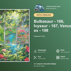 Könnte beinhalten: Ein digitaler Download für ein 3x3-Layout mit 9 Fächern für Pokémon TCG-Karten Bisasam 166, Bisaknosp 167 und Bisaflor-ex 198. Das Bild zeigt eine üppige Dschungelszene mit einem Teich und Blumen, konzipiert für 63 x 88 mm große Einsteckkarten.