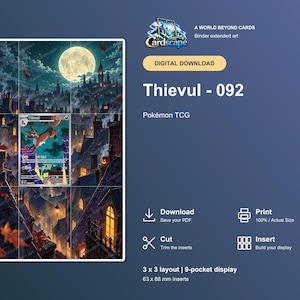 May include: A digital download for a Thievul 092 Pokémon TCG binder extended art featuring a 3x3 layout with 63 x 88 mm inserts. The artwork depicts a nocturnal cityscape under a full moon with jack-o'-lanterns on rooftops and falling leaves.
