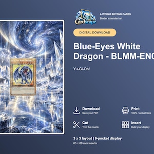 Peut inclure: Un téléchargement numérique pour un insert d'art étendu de classeur de cartes Yu-Gi-Oh! Blue-Eyes White Dragon BLMM-EN001. Le design présente un paysage cosmique et glacé avec un graphique de carte central, des instructions 3x3 et 63 x 88 mm.