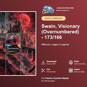 May include: A digital download file for a Swain, Visionary (Overnumbered) - 173/166 trading card insert. The graphic features a dark, gothic castle landscape under a red moon, designed for a 3x3 layout, 9-pocket display with 63 x 88 mm inserts.