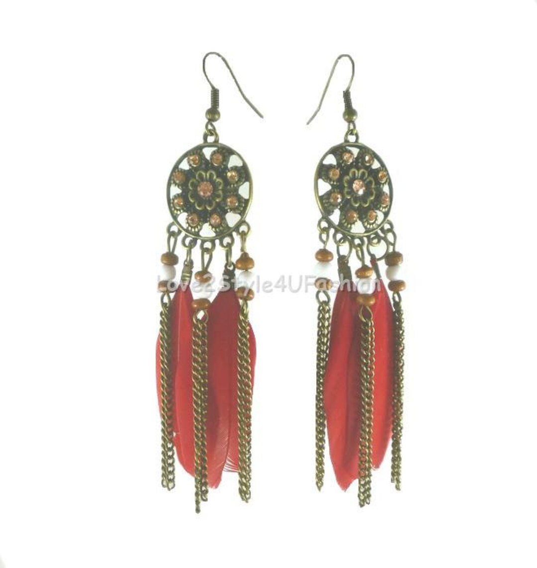 Natural Feather Earrings Red & Rhinestones Long Drop Feather Etsy.de