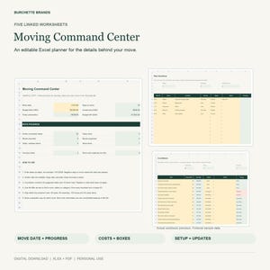 Può includere: Un pianificatore digitale Excel Moving Command Center con cinque fogli di lavoro collegati. L'interfaccia mostra tabelle per il progresso del trasloco, l'inventario degli scatoloni e le attività con colonne per date, costi e aggiornamenti.
