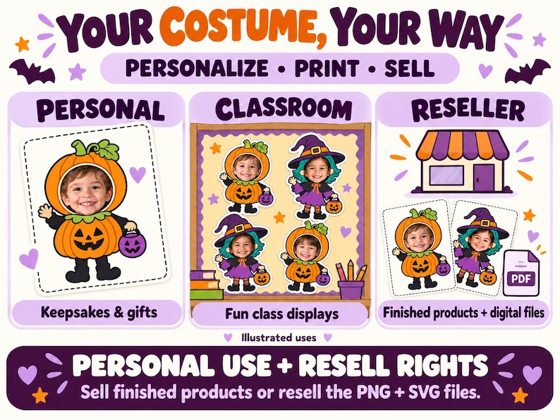 May include: A digital graphic featuring the text YOUR COSTUME, YOUR WAY, PERSONALIZE, PRINT, SELL, PERSONAL, CLASSROOM, RESELLER, KEEPSAKES & GIFTS, FUN CLASS DISPLAYS, FINISHED PRODUCTS + DIGITAL FILES, and PERSONAL USE + RESELL RIGHTS. It shows pumpkin and witch illustrations.