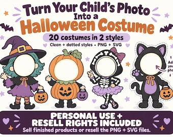 Halloween Photo Costume Bundle, 20 Face Frames, Clean & Dotted PNG SVG (Digital Download)