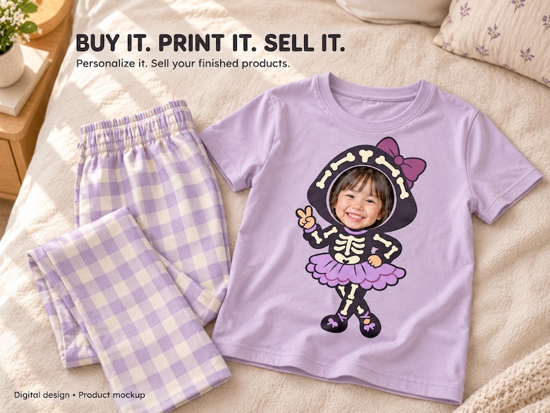 May include: A light purple short-sleeved t-shirt and light purple and white gingham pyjama trousers. The t-shirt features a graphic of a skeleton costume with a purple bow and a child's face. Text reads: BUY IT. PRINT IT. SELL IT. Personalise it.