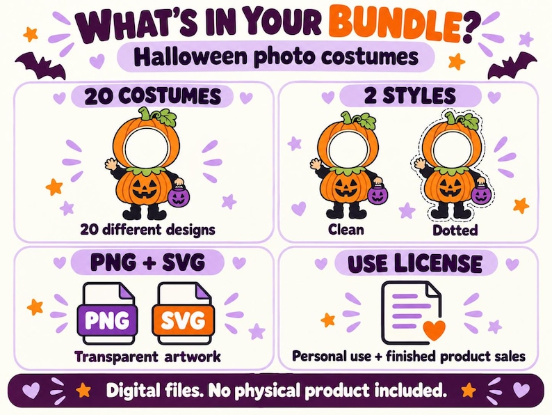 May include: A digital bundle of 20 Halloween photo costumes featuring pumpkin characters. Includes clean and dotted styles, PNG and SVG file formats for transparent artwork, and a personal use licence. Text reads: What's in your bundle? Digital files.