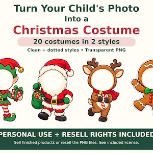 May include: Digital graphic set titled Turn Your Child's Photo Into a Christmas Costume featuring 20 costumes in 2 styles. Includes cartoon illustrations of an elf, Santa Claus, a reindeer, and a gingerbread person with blank face cutouts.