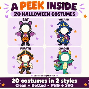May include: A digital graphic titled A PEEK INSIDE 20 HALLOWEEN COSTUMES featuring four cartoon characters with blank face cutouts representing a bat, wizard, pirate, and dragon. The bottom text reads 20 costumes in 2 styles Clean + Dotted PNG + SVG.