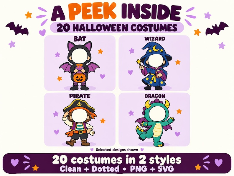 May include: A digital graphic titled A PEEK INSIDE 20 HALLOWEEN COSTUMES featuring four cartoon characters with blank face cutouts representing a bat, wizard, pirate, and dragon. The bottom text reads 20 costumes in 2 styles Clean + Dotted PNG + SVG.