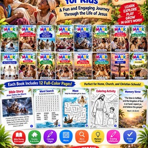 Puede incluir: Una colección de 16 cuadernillos educativos titulados The Gospel of Mark for Kids, con ilustraciones a todo color de escenas bíblicas, sopas de letras, laberintos y actividades para colorear. Incluye archivos PDF listos para imprimir de 21,6 cm por 27,9 cm.