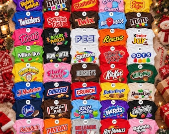 May include: A collection of forty t-shirts arranged in a grid, each featuring a unique candy or snack brand logo including Hubba Bubba, M&Ms, Starburst, Cotton Candy, Chupa Chups, Twizzlers, Swedish Fish, Twix, Air Heads, Trolli, Sour Patch Kids, PEZ, Reese's, Kinder Joy, Mike Ike, Now and Later, Skittles, Ring Pop, Dots, Warheads, Fluffy Stuff, Hershey's, Kit Kat, Milky Way, 3 Musketeers, Snickers, Crunch, Butterfinger, Almond Joy, York, Tootsie Roll, Jolly Rancher, Nerds, Laffy Taffy, Baby Ruth, Payday, Big League Chew, Hot Tamales, and Bubble Yum.