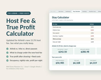 May include: A digital spreadsheet interface titled Stay Calculator for Airbnb and Vrbo hosts. The layout displays financial data including guest payments, platform fees, payouts, and profit margins across three columns labeled Airbnb, Vrbo, and Direct.