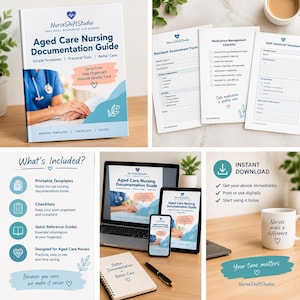 Op de afbeelding: Een digitale verpleegkundige documentatiegids getiteld Aged Care Nursing Documentation Guide van NurseShiftStudio, met printbare sjablonen, checklists voor medicatiebeheer en overdrachtsformulieren voor verpleegkundigen.