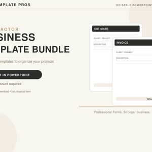 May include: A digital contractor business template bundle for PowerPoint featuring eight editable forms. The text includes LUDY TEMPLATE PROS, CONTRACTOR BUSINESS TEMPLATE BUNDLE, EDIT IN POWERPOINT, ESTIMATE, INVOICE, CLIENT/PROJECT, DESCRIPTION, and TOTAL $.