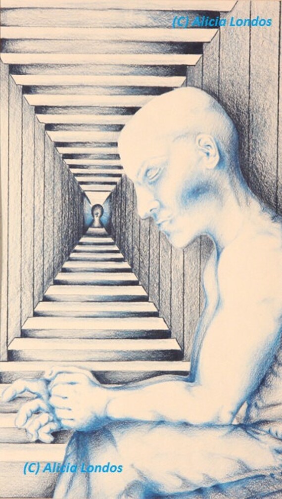 Rysunek Into Infinity Niebieski Człowiek Siedzący Myślenia Surrealistyczne Chicago Art