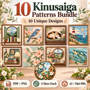 May include: A digital bundle of 10 Kinusaiga patterns featuring various scenes including a window view, a blue bird, a sleeping cat, a lighthouse, a cozy room, a hummingbird, a round birdhouse design, and sea turtles in PDF and PNG formats.