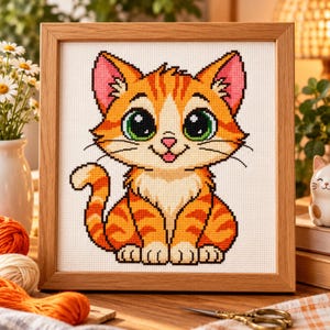 Op de afbeelding: Een ingelijst kruissteekborduurwerk met een oranje cyperse kat in cartoonstijl met grote groene ogen, roze oren en een witte borst. De kat zit in een zittende houding met een gekrulde staart, uitgevoerd in levendige oranje en witte draden.