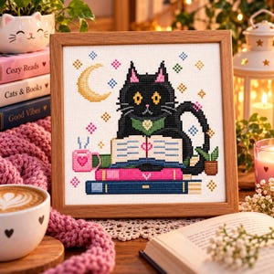 May include: A framed cross-stitch embroidery featuring a black cat with yellow eyes reading an open book whilst sitting on a stack of two books. The design includes a yellow crescent moon, colourful stars, a pink mug with a heart, and a small potted plant.