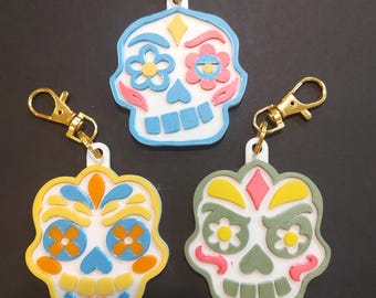 Flower-Eyed Sugar Skull Bag Charms — Set of 3 Floral Designs
