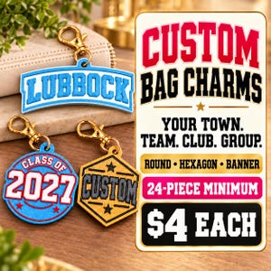 Custom Bulk Bag Charms, Personalized Town Team Club Group, 24 Piece Minimum Bild 3