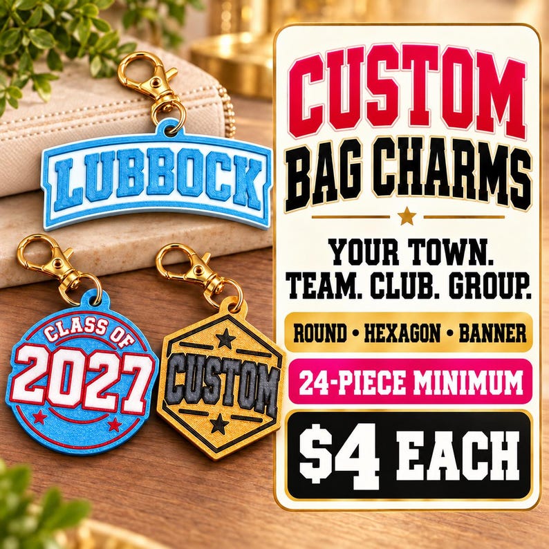 Custom Bulk Bag Charms, Personalized Town Team Club Group, 24 Piece Minimum Bild 3