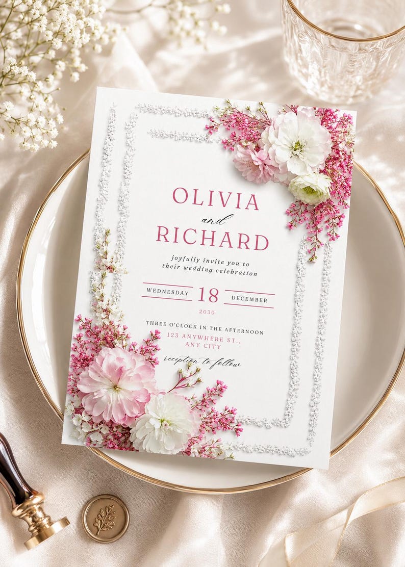 Pink Grad Invite Template Editable Floral Wedding Invitation, Pink White Canva Template, A6 - Etsy