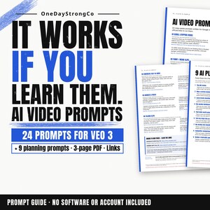 Könnte beinhalten: Ein digitaler Leitfaden mit dem Titel IT WORKS IF YOU LEARN THEM. AI VIDEO PROMPTS mit 24 Prompts für Veo 3 und 9 Planungs-Prompts. Das Dokument umfasst drei Textseiten mit Anleitungen zur KI-Videogenerierung und Planung.