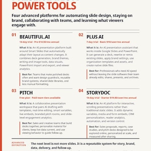 May include: A document titled AI, Plain & Simple: Presentation Power Tools. It lists four AI platforms: Beautiful.ai, Plus AI, Pitch, and Storydoc. Each section details the platform's function and target use case, with an advanced definition at the bottom.