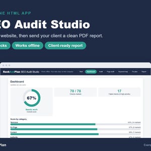 Puede incluir: La interfaz de la aplicación HTML sin conexión SEO Audit Studio muestra un panel con una puntuación global del 67%, 78 comprobaciones marcadas y 17 fallidas. La pantalla tiene un fondo azul oscuro con texto blanco y botones de color cerceta.