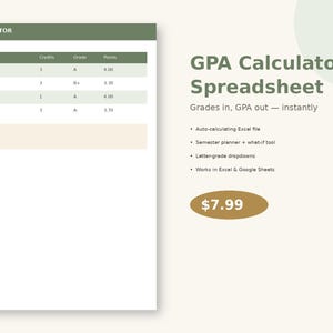Può includere: Un modello di foglio di calcolo digitale per il calcolo della media dei voti, con una tabella che include colonne per corsi, crediti, voti e punti. L'interfaccia mostra una media calcolata di 3,72. Il testo include GPA Calculator Spreadsheet.
