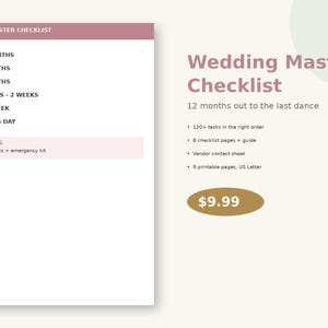 May include: A printable wedding master checklist document featuring a mauve header and a list of timeline stages from 12-9 months to the wedding day. The text includes 120+ tasks, vendor contacts, an emergency kit, and 9 pages in US Letter size.