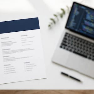 May include: A white document with a dark navy blue header section at the top. The document contains blurred text arranged in columns and sections, suggesting a resume or professional template layout. The paper is positioned on a clean surface.