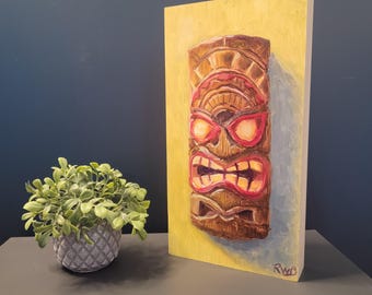 Natura morta Tiki in legno, dipinto a olio su tavola preparata con gesso.