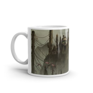 May include: White ceramic mug with a fantasy scene depicting a castle, skull, and flying creatures. The artwork uses grey, brown, and green tones, with red accents on the flying creatures. The mug has a standard handle.