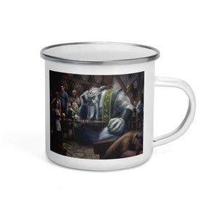 Bar with Friends, Enamel Mug Whimsical Yeti and Goblin Sit in a Medieval Bar Playing Chess - Dungeons and Dragons by Richard Blumenstein