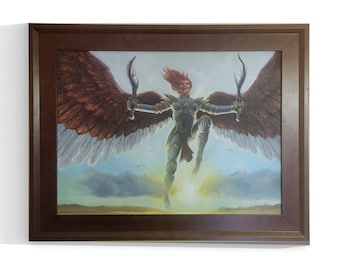 May include: Framed artwork depicting a winged figure with red hair, clad in armor, holding two swords. The figure is in mid-air against a backdrop of a sunset sky. The frame is a dark brown color.