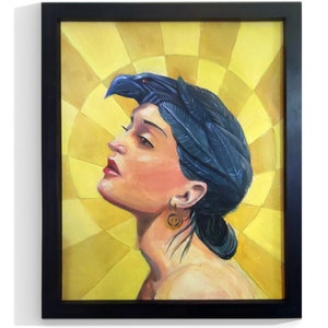 May include: A painting of a woman with a raven on her head. The woman is looking up and to the right. The background is a yellow sunburst.