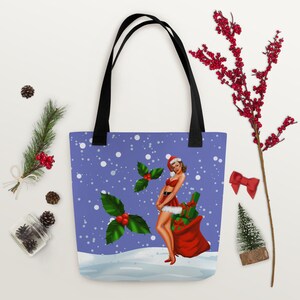 Pinup Santas Helper with Sack, (Medium Slate Blue 2-Snow-Holly) Tote bag
