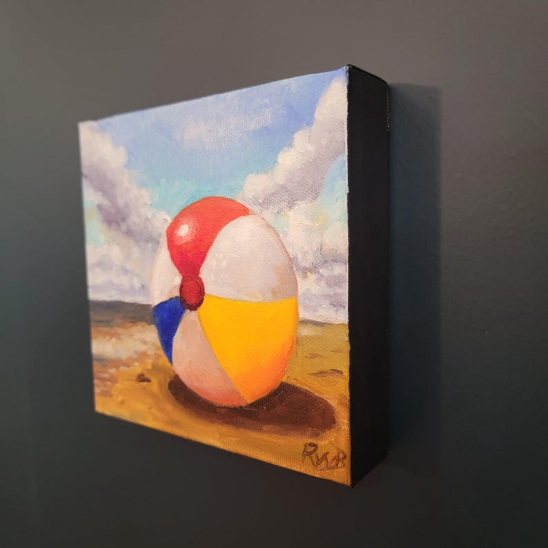 Vibrant Beach Ball Mini Oil Painting Colorful Summer Seaside Art