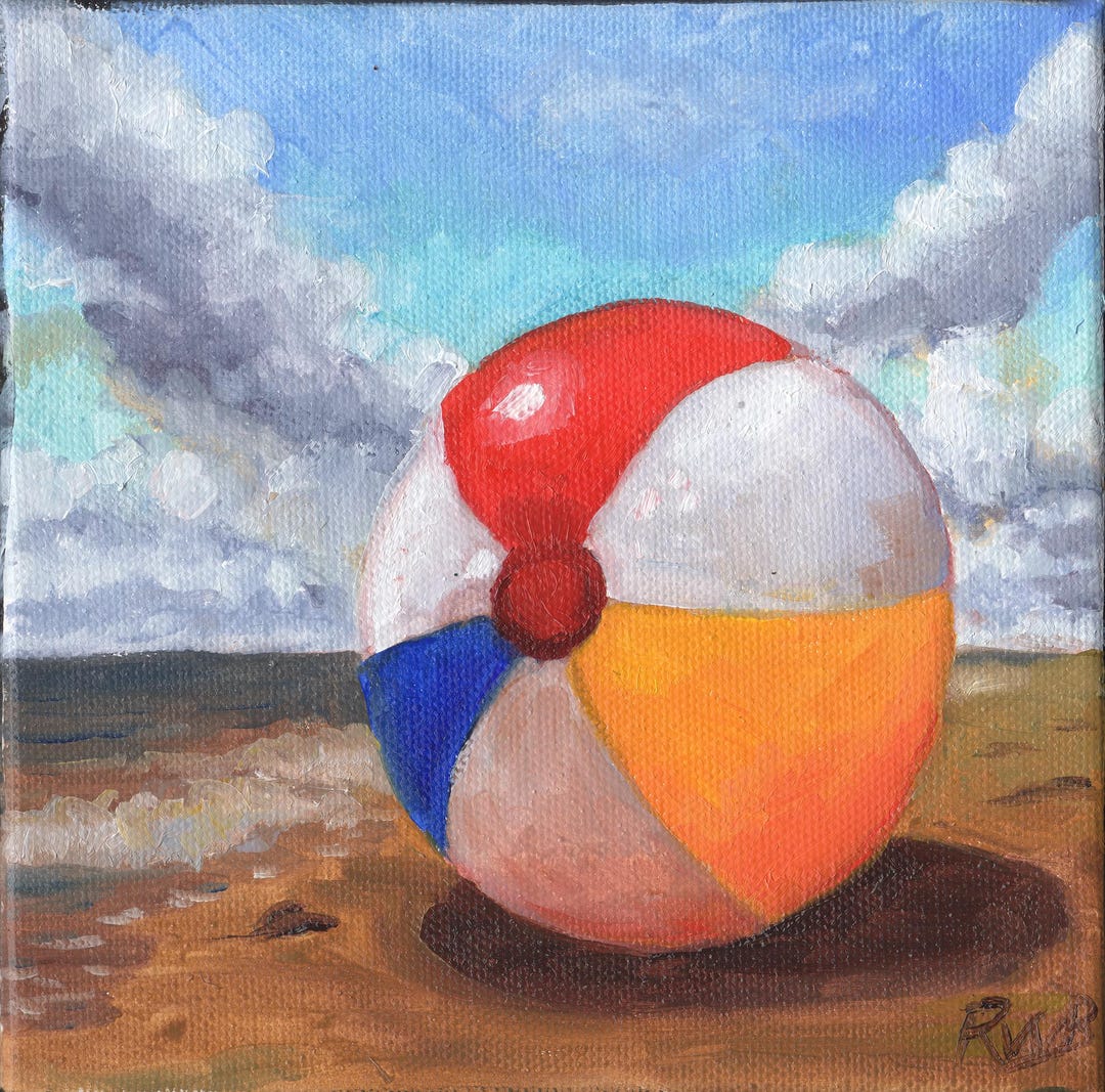 Vibrant Beach Ball Mini Oil Painting Colorful Summer Seaside Art