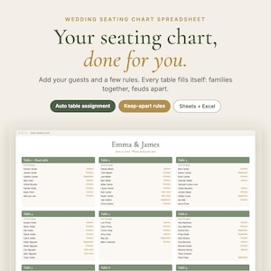 Könnte beinhalten: Eine digitale Tabellenkalkulationsvorlage für Hochzeits-Sitzpläne mit dem Text Wedding Seating Chart Spreadsheet, Your seating chart, done for you, sowie Schaltflächen für Auto table assignment, Keep-apart rules und Sheets + Excel.