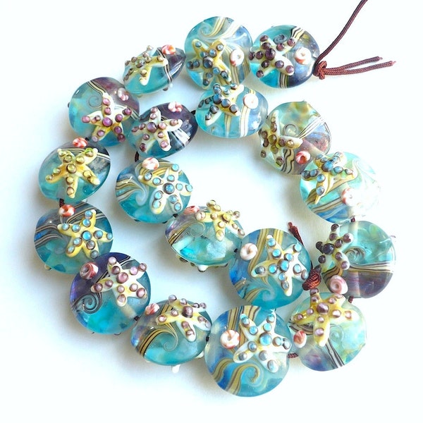 10 pcs Starfish Lampwork Beads, Turquoise Blue Glass Beads, 20mm, Puffy Coin Beads