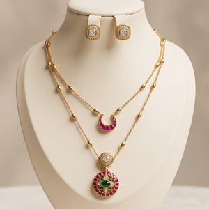 May include: A gold-toned layered necklace set featuring a crescent-shaped pendant with red stones and a circular pendant with a central green stone surrounded by red and white accents. Matching square-shaped stud earrings with white stones.